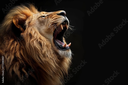 Majestic lion roaring against black background  powerful wildlife animal portrait  dramatic lighting