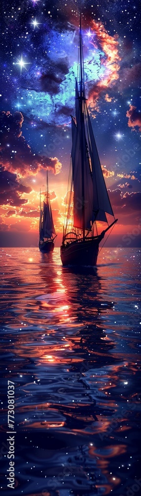 Fototapeta premium Design a captivating silhouette image of sailing ships under a starlit sky, capturing the serene beauty of the sea at night Inspire wonder and adventure with this enchanting scene