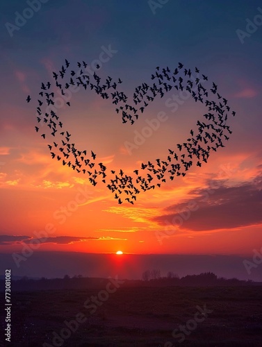 Design a dynamic silhouette scene of birds in flight forming a heart shape in the sky, symbolizing unity, love, and connection perfect for a romantic campaign