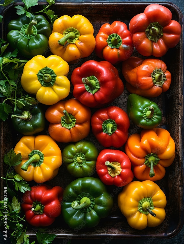 Elevate the ordinary with an over-the-shoulder shot highlighting the different sizes, hues, and patterns of a collection of bell peppers Bold, flavorful, and visually striking Elevate the ordinary with an over-the-shoulder shot highlighting the different sizes, hues, and patterns of a collection of bell peppers Bold, flavorful, and visually striking