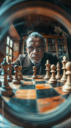 Elevate the game of chess to a new level with a visually compelling crane shot view of the ChessMaster contemplating their next move Emphasize the tension and drama of the game