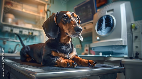 A dachshund receiving a thorough examination by a veterinary doctor,  photo