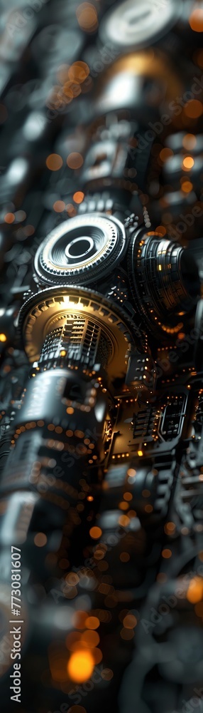 Fototapeta premium Explore the hidden beauty of MistModulatingMachines through an extreme close-up shot that reveals their futuristic design Emphasize the sleek lines and futuristic elements for a striking visual impact