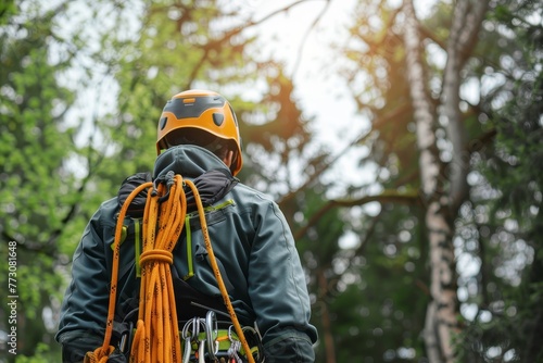 A professional arborist in an orange helmet and gray jacket stands with climbing equipment on his back, ready to climb trees against the background of a green forest.
