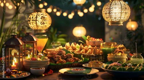 Modern ketupat and lantern lights with traditional Eid al-Fitr treats ai image