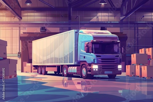 Modern semi-truck filled with cardboard shipping boxes in a warehouse loading bay, logistics and delivery industry illustration