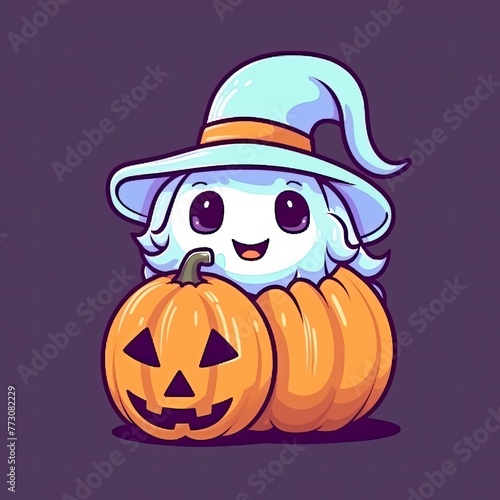 Cute Witch Ghost Holding Pumpkin Halloween Cartoon Vector Icon Illustration. Holiday Halloween Icon Concept Isolated Premium Vector. Flat Cartoon Style