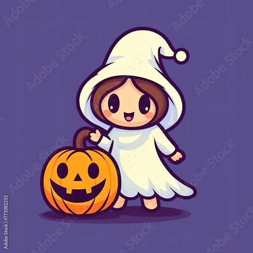 Cute Witch Ghost Holding Pumpkin Halloween Cartoon Vector Icon Illustration. Holiday Halloween Icon Concept Isolated Premium Vector. Flat Cartoon Style