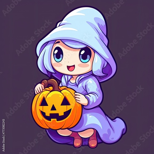 Cute Witch Ghost Holding Pumpkin Halloween Cartoon Vector Icon Illustration. Holiday Halloween Icon Concept Isolated Premium Vector. Flat Cartoon Style