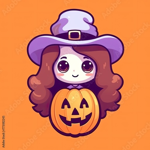 Cute Witch Ghost Holding Pumpkin Halloween Cartoon Vector Icon Illustration. Holiday Halloween Icon Concept Isolated Premium Vector. Flat Cartoon Style