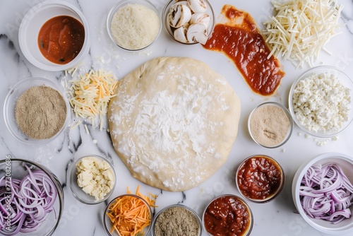 ingredients arranged in a circle on marble: dough, sauce, cheese, toppings photo