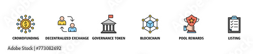 Ido banner web icon vector illustration concept of initial dex offering with icon of crowdfunding, decentralized exchange, governance token, blockchain, smart contract and listing
