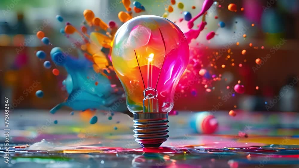Creative concept light bulb explodes with colorful water colors on a light blue background. Think different, creative idea. Productivity and creativity