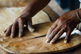 hands applying pressure with a wooden paddle to alter shape