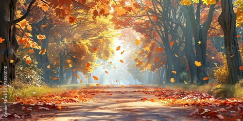 Autumn Leaves on a Tree-Lined Street Generative AI