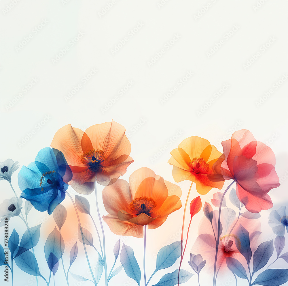 Colorful illustrated poppies on a textured white background. Aesthetic floral design perfect for wall art, stationery, or botanical-themed graphic projects ,generative ai
