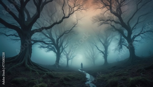 A solitary figure walks a misty path through an enigmatic forest  creating a scene of mystery and introspection suitable for moody backdrops
