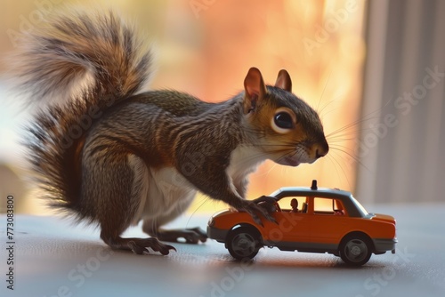 squirrel standing on a toy car as if protecting it