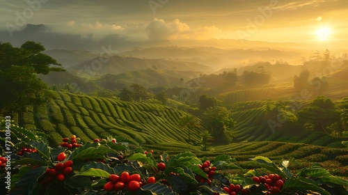 Sunset Over Lush Coffee Plantation Hills. Generative AI photo