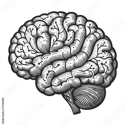 Abstract human brain, showcasing the intricate patterns of the cerebral cortex sketch engraving generative ai raster illustration. Scratch board imitation. Black and white image. #773084610