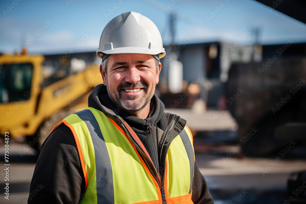 A smiling construction worker in a bright safety vest stands on a construction site. Simple, upbeat, and professional. A smiling construction worker in a bright safety vest stands on a construction site. Simple, upbeat, and professional.