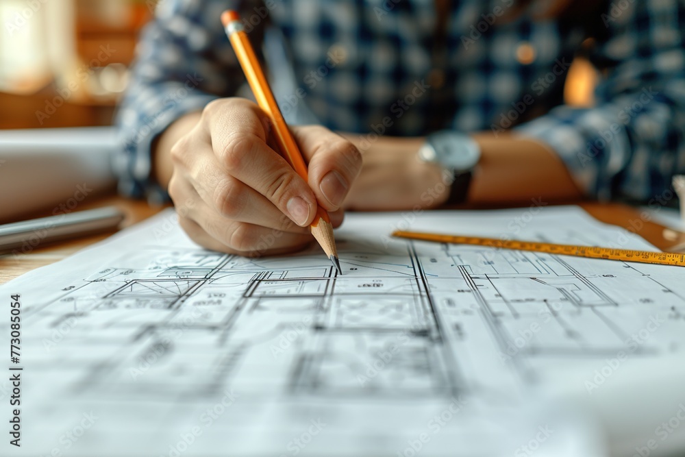 architect creating a plan with pencil on a big format paper architect creating a plan with pencil on a big format paper