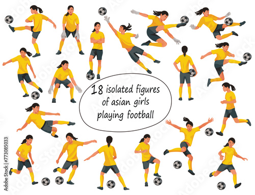 18 Asian teenager girls figures of junior women s football players and goalkeepers in yellow sports uniform jumping  running  catching the ball on white background
