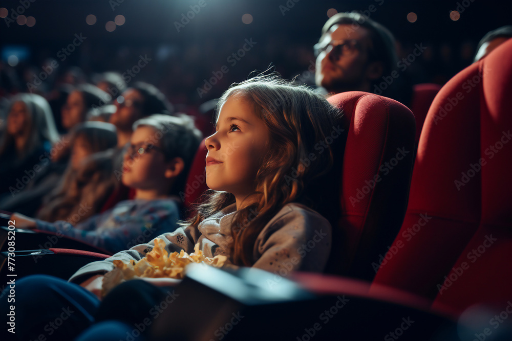 A girl watching a movie in a crowded theater, surrounded by people and popcorn. Cinematic experience for families.