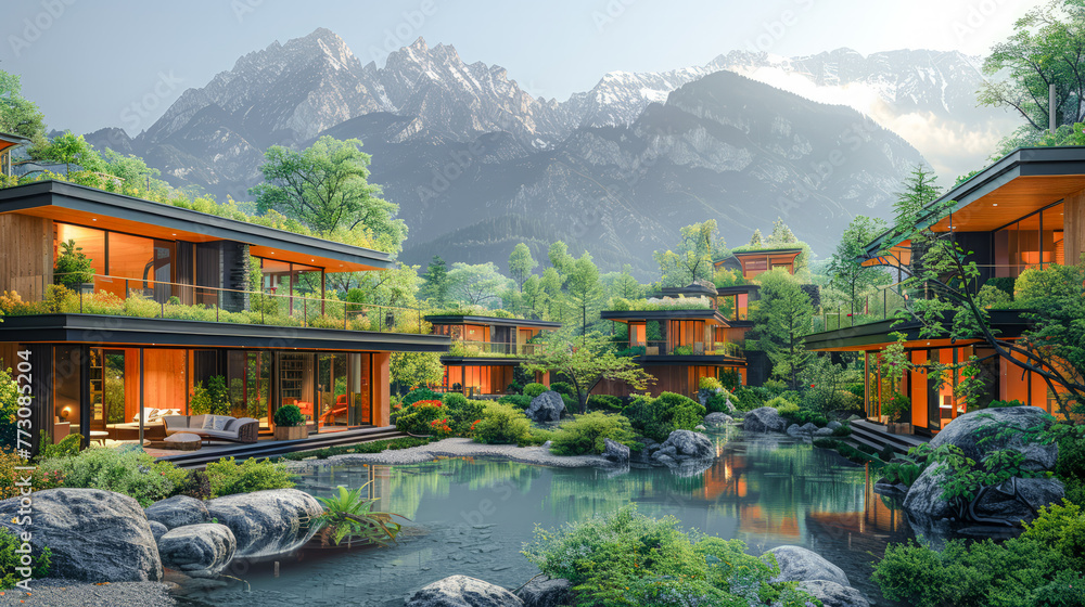 Modern Eco-Living Sustainable Modern Architecture Amidst Mountain Scenery Digital Art Background Poster Brainstorming Card