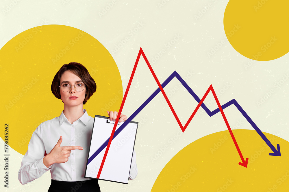 Trend artwork composite sketch image 3D photo collage of young business lady finger show recession decrease arrow fall down bad result Trend artwork composite sketch image 3D photo collage of young business lady finger show recession decrease arrow fall down bad result
