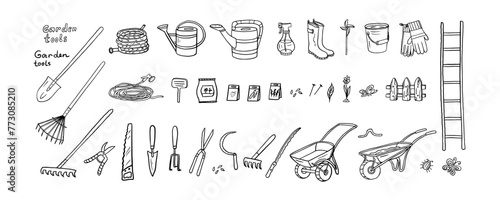 Big set of garden tools in doodle style. Watering can, spade, trowel, fork, pruners, shears, wheel barrow,  seeds, spray, ladder. Great for banners, websites, packaging. Hand drawn
