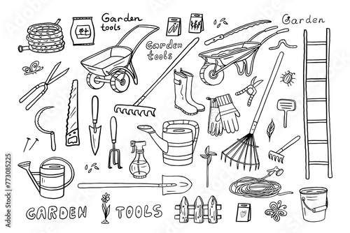 Set of garden tools in doodle style. Watering can, spade, trowel, fork, pruners, shears, wheel barrow,  seeds, spray, ladder. Gardening. Great for banners, websites, packaging. Hand drawn photo