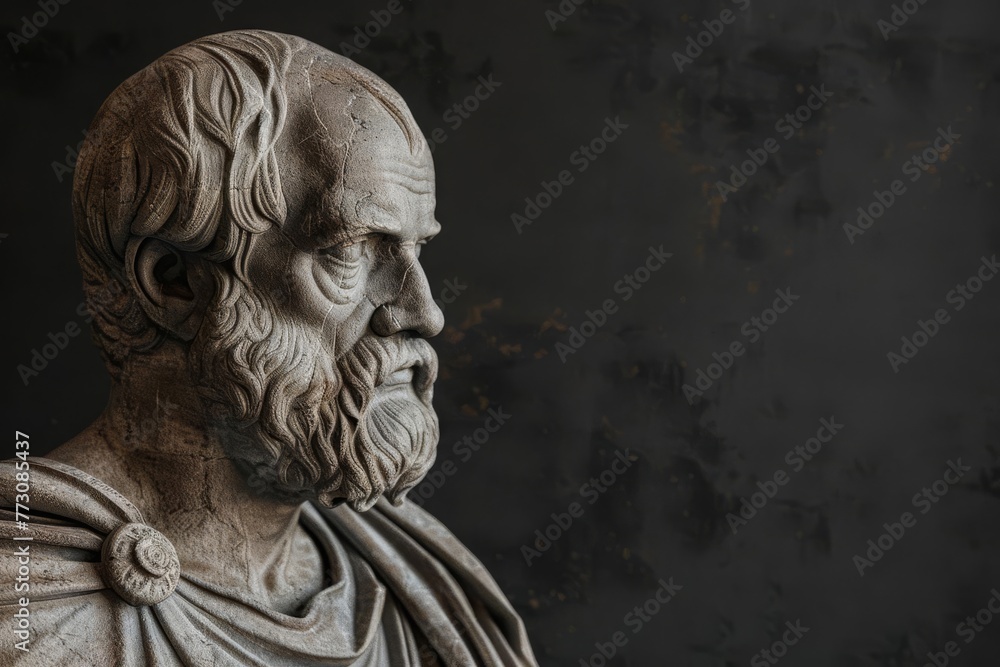 Realistic Sculpture of Ancient Greek Philosopher Aristotle, Famous Historical Figure, Digital 3D Render