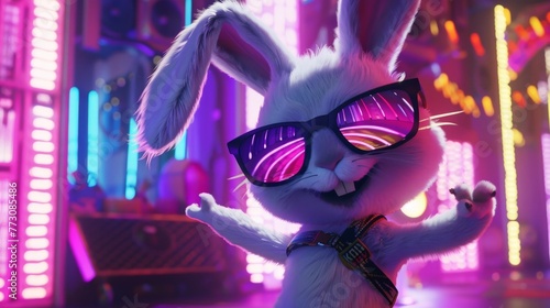 An animated rabbit DJ throws its hands up in celebration amidst the neon glow of a lively club atmosphere.