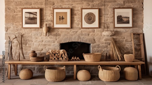 Wooden photo frames  woven baskets  and stone elements in decor