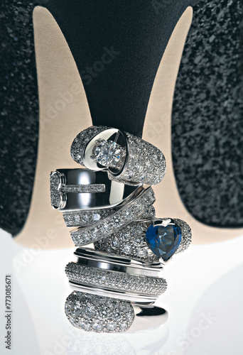 Diamond rings worn on the heel of women's shoes. Concepts of expensive gifts for women. Selective focus