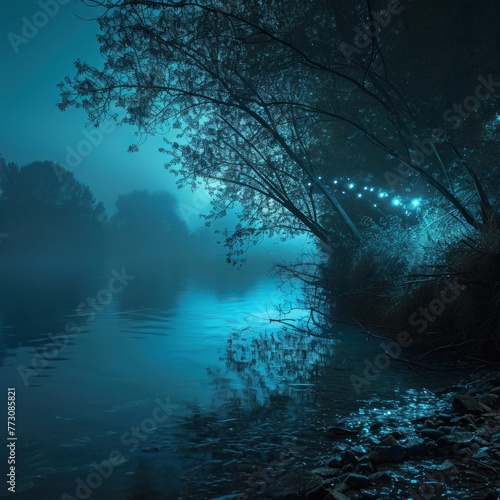 Witnessing the beauty of bioluminescent phenomena, mysterious fog, and other natural occurrences that create a mystical ambiance. Copy Space photo