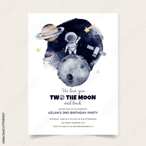 Birthday invitation card with outer space theme background template for baby boy
