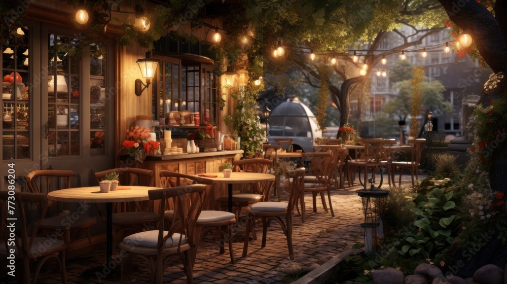 Working in an outdoor cafe with a cozy atmosphere. In the style of hygge