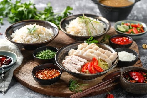 A photo of Hainanese chicken rice with various side dishes, in small bowls on the table. On top is sliced white meat against rice and fresh herbs.