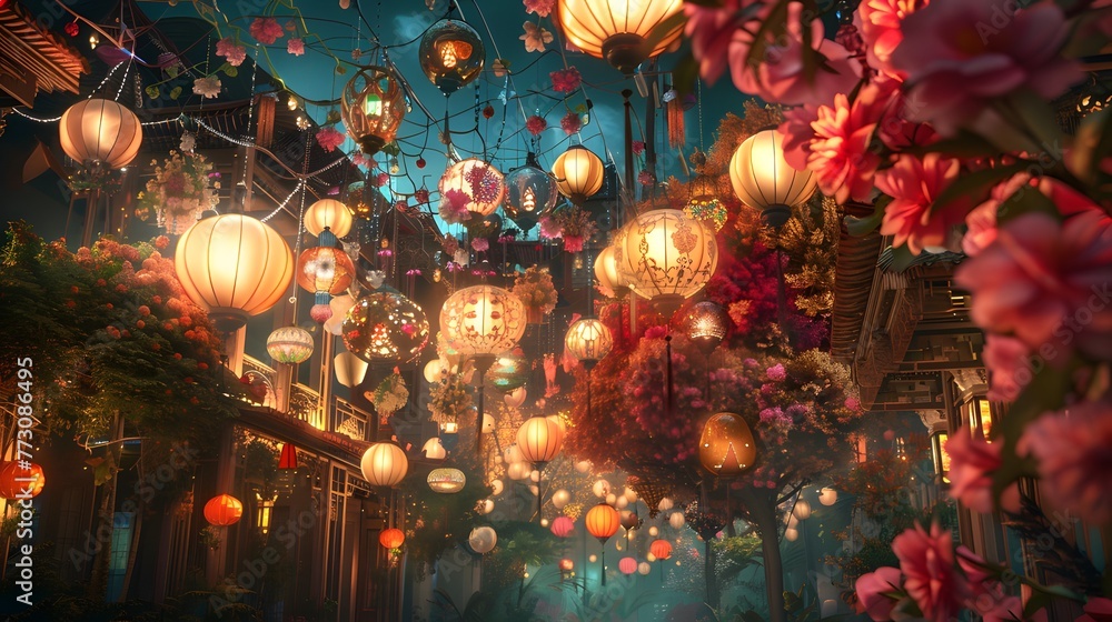 Contemporary ketupat and lantern lights with balloons and floral decor ai image Contemporary ketupat and lantern lights with balloons and floral decor ai image