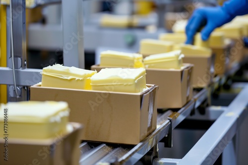manually packing butter pats into boxes on assembly line