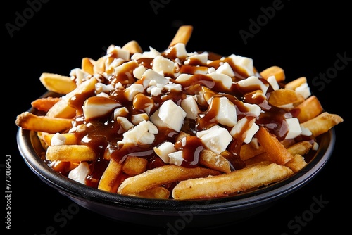 A bowl of poutine with cheese and caramel sauce, black background.