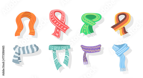 Scarves and shawls set icons collection in cartoon style. Stylish scarves isolated on a white background. Collection of winter or autumn scarf. Vector illustration in flat design