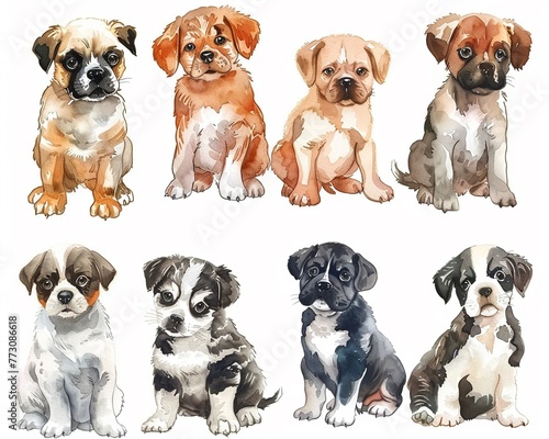 Bright watercolor knolling sheet, cute dogs, lively and cheerful, playful arrangement