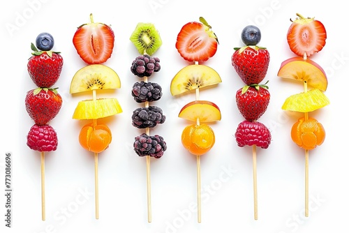 Creative arts meet isolated foods with a variety of fruit and berries on skewers, heath vibe on white background