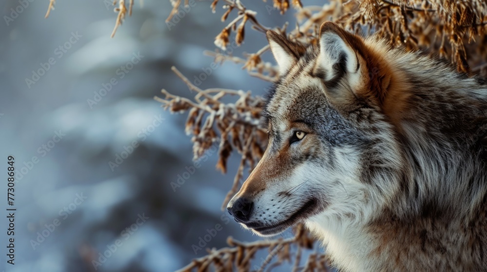 Wolf in wild nature. Copy Space.