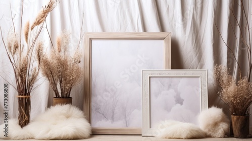 Wooden frames for photos and artwork. In the spirit of hygge. Copy space.