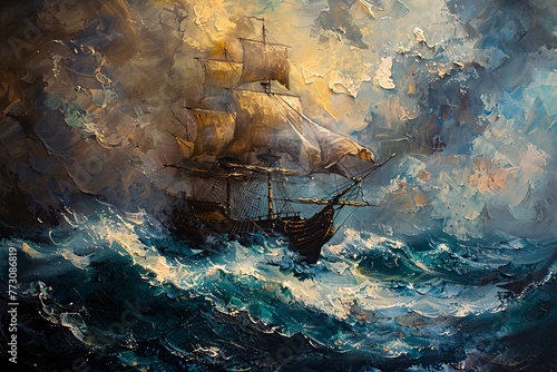 Sailing the High Seas A Painting of a Ship in the Ocean Generative AI