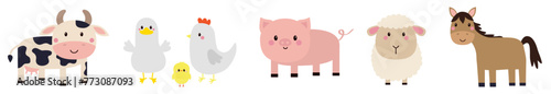 Farm animal set line. Sheep, pig, cow, hen chicken, duck bird, horse icon. Cute cartoon kawaii funny baby character. Nursery decoration. Kids education. Flat design. White background. Isolated. Vector
